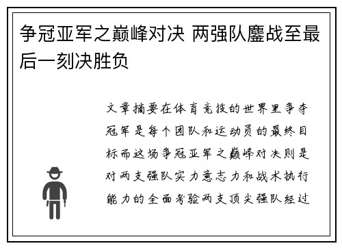 争冠亚军之巅峰对决 两强队鏖战至最后一刻决胜负