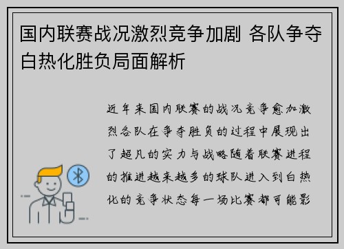 国内联赛战况激烈竞争加剧 各队争夺白热化胜负局面解析