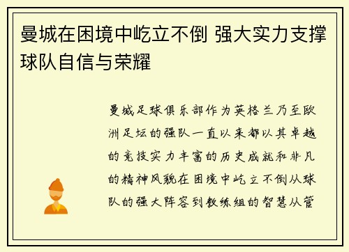 曼城在困境中屹立不倒 强大实力支撑球队自信与荣耀