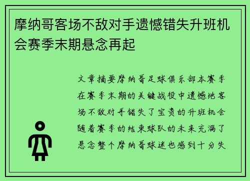 摩纳哥客场不敌对手遗憾错失升班机会赛季末期悬念再起