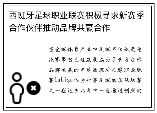西班牙足球职业联赛积极寻求新赛季合作伙伴推动品牌共赢合作