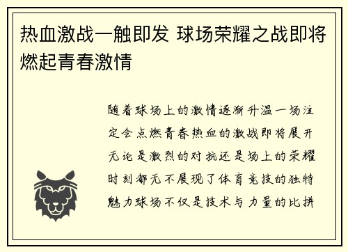 热血激战一触即发 球场荣耀之战即将燃起青春激情