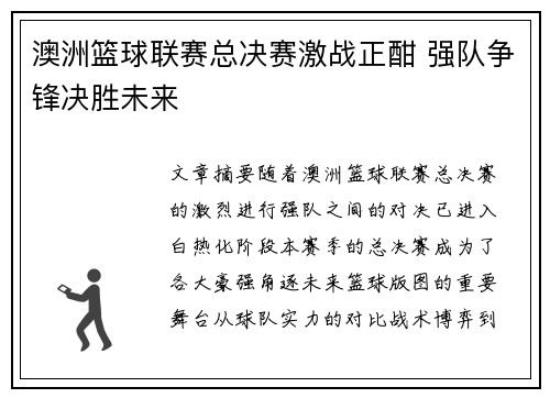 澳洲篮球联赛总决赛激战正酣 强队争锋决胜未来